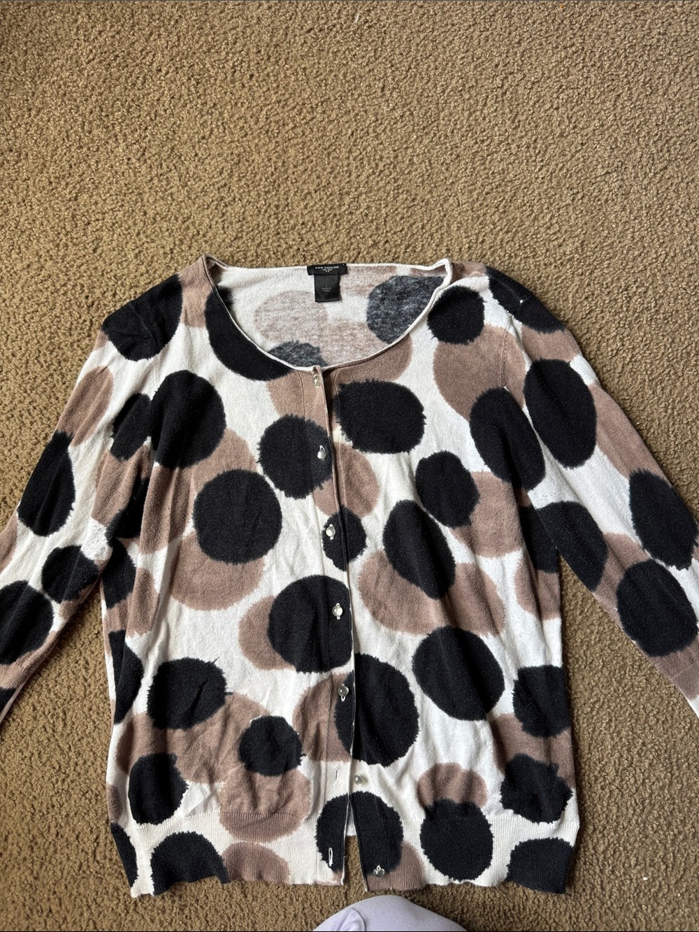 Ann Taylor Black, Cream & Brown Polka Dot Button Cardigan